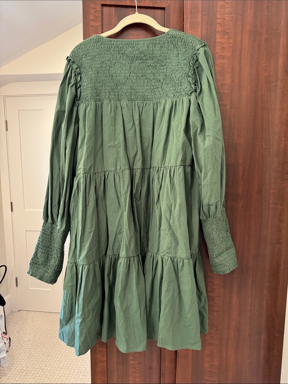 Pomander Place Olive Green Smocked Tiered Long Sleeve Dress - Picture 3 of 3
